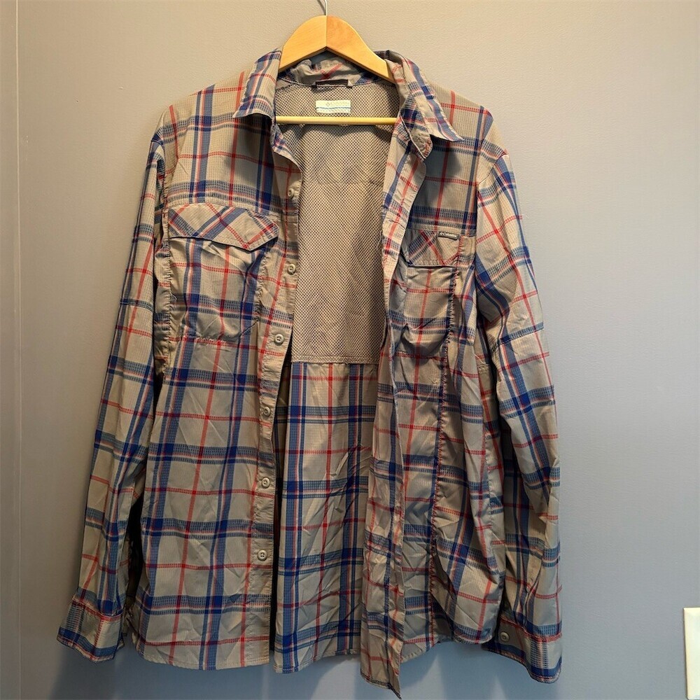Columbia Shirt Mens L Plaid Button-Up Gray Blue Red Long Sleeve Vented